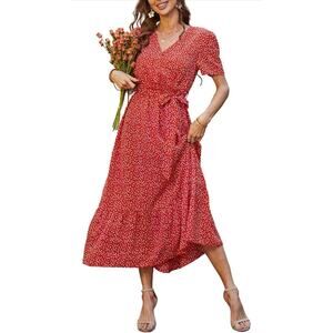 PRETTYGARDEN Women's Summer Floral Boho Maxi Dress Wrap Short Sleeve V Neck